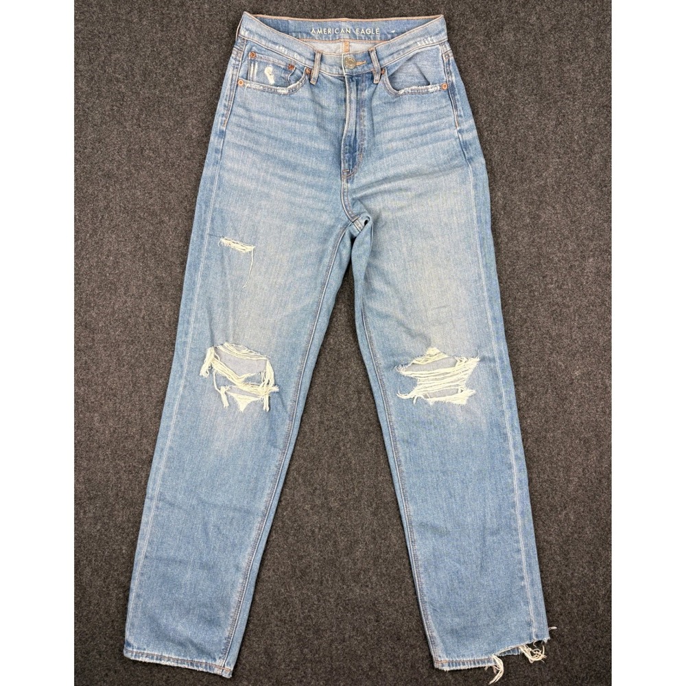 American Eagle Baggy Jean Light Wash Distressed High Rise Denim Size 2 Regular